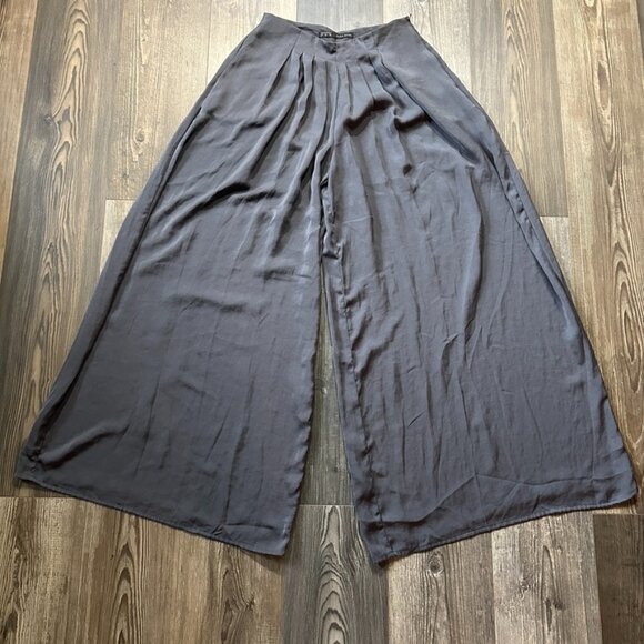 Zara Palazzo Trousers Womens Small Gray High Waisted Wide Leg Pleated Minimalist - Picture 1 of 6